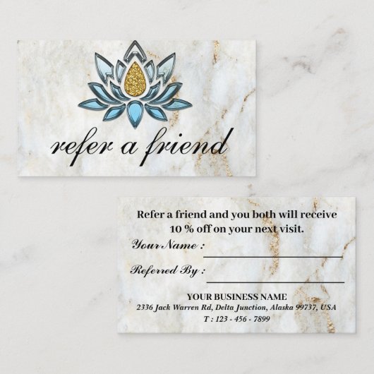 Elegant Blue Lotus Marble Aanbevelingskaartje (Voorkant / Achterkant)