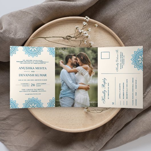 Elegant Blue Mandala Traditional Indian Wedding Drieluik Uitnodiging
