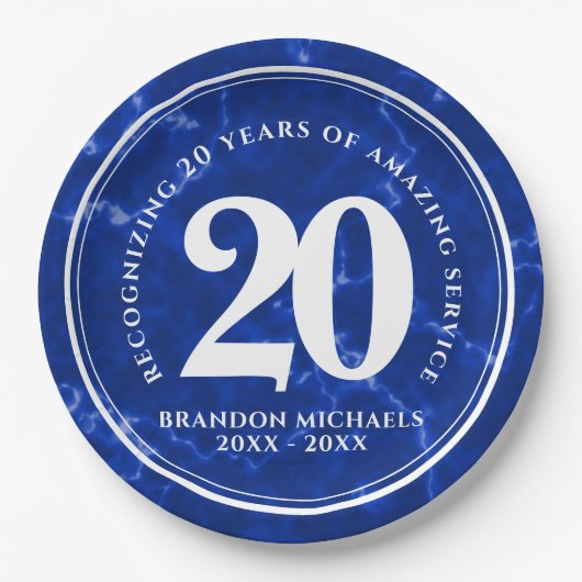 Elegant Blue Marble 20 jaar Jubileum Papieren Bordje (Voorkant)