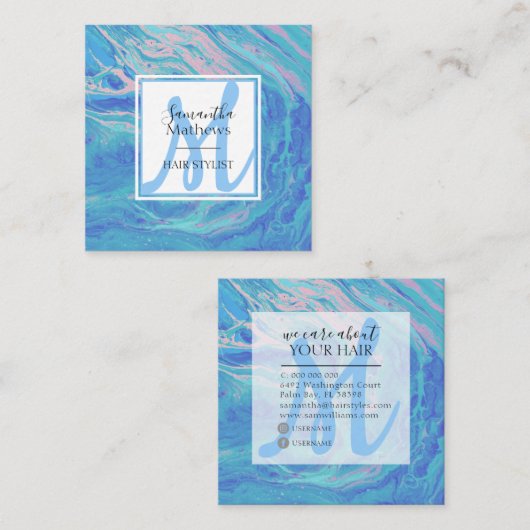 Elegant Blue Marble Agate Monogram Hair Stylist Vierkante Visitekaartje (Voorkant / Achterkant)