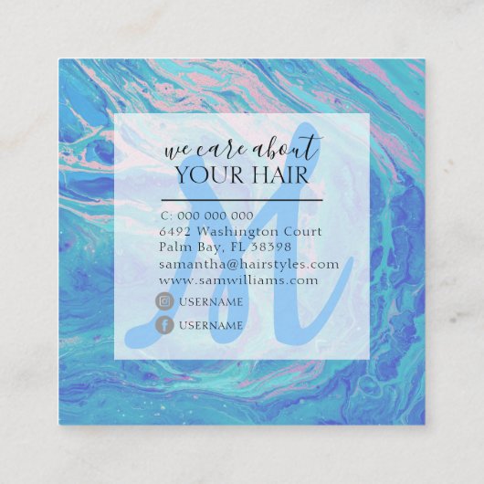 Elegant Blue Marble Agate Monogram Hair Stylist Vierkante Visitekaartje (Achterkant)