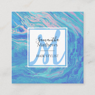 Elegant Blue Marble Agate Monogram Hair Stylist Vierkante Visitekaartje