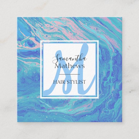 Elegant Blue Marble Agate Monogram Hair Stylist Vierkante Visitekaartje (Voorkant)