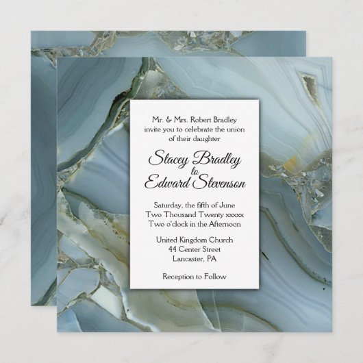 Elegant Blue Marble Agate Wedding Invitation Kaart (Voorkant / Achterkant)