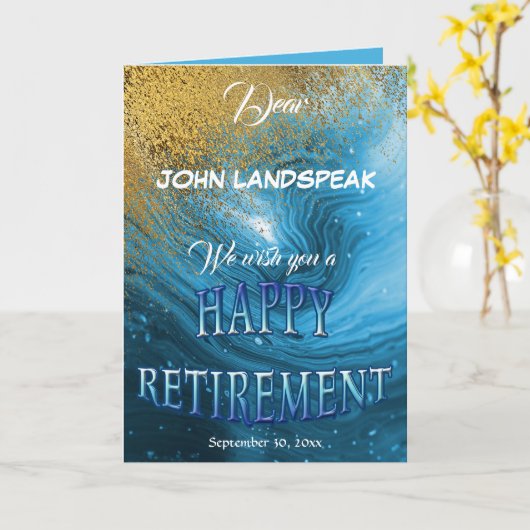 Elegant Blue Marble & Gold Glitter Happy Retiremen Kaart (Gele Bloem)