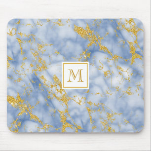 Elegant Blue Marble Monogram Faux Gold Gliter Muismat