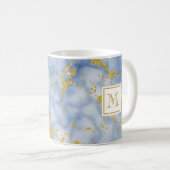 Elegant Blue Marble Monogram Faux Gold Glitter Koffiemok (Voorkant rechts)