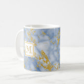 Elegant Blue Marble Monogram Faux Gold Glitter Koffiemok (Voorkant links)