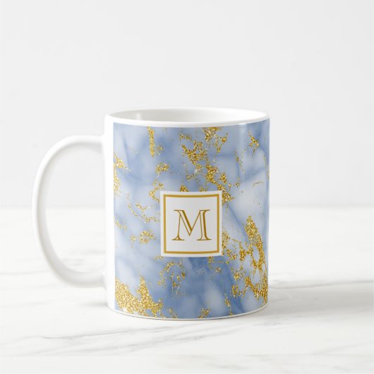 Elegant Blue Marble Monogram Faux Gold Glitter Koffiemok (Links)