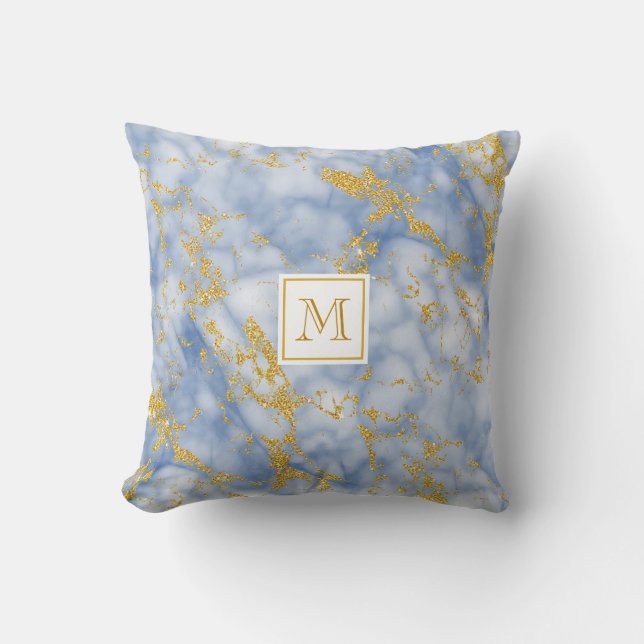 Elegant Blue Marble Monogram Faux Gold Glitter Kussen (Voorkant)