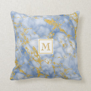 Elegant Blue Marble Monogram Faux Gold Glitter Kussen