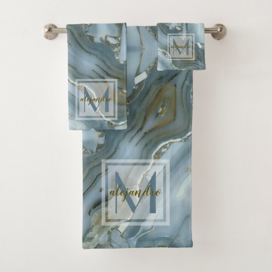Elegant Blue Marble Natural Stone Pattern Monogram Bad Handdoek (Insitu)