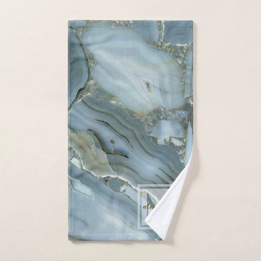 Elegant Blue Marble Natural Stone Pattern Monogram Bad Handdoek (Handdoek)