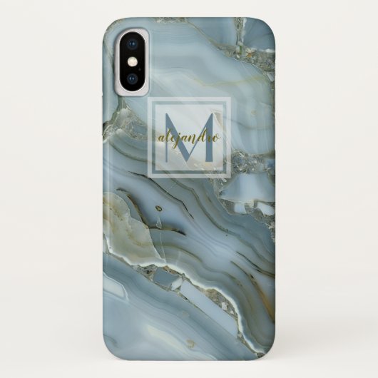 Elegant Blue Marble Natural Stone Pattern Monogram Case-Mate iPhone Case (Achterkant)