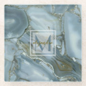 Elegant Blue Marble Natural Stone Pattern Monogram Glazen Onderzetter (Voorkant)