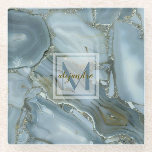 Elegant Blue Marble Natural Stone Pattern Monogram Glazen Onderzetter (Voorkant)