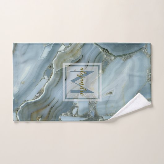 Elegant Blue Marble Natural Stone Pattern Monogram Handdoek (Handdoek)