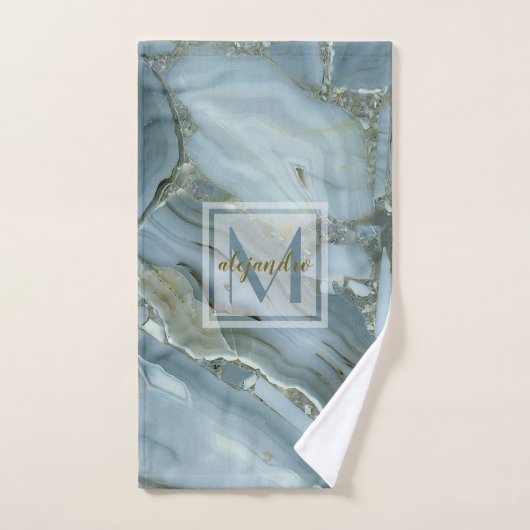 Elegant Blue Marble Natural Stone Pattern Monogram Handdoek (Handdoek)