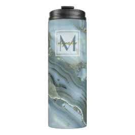 Elegant Blue Marble Natural Stone Pattern Monogram Thermosbeker