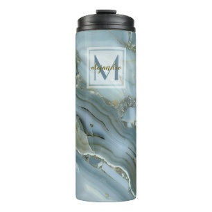 Elegant Blue Marble Natural Stone Pattern Monogram Thermosbeker