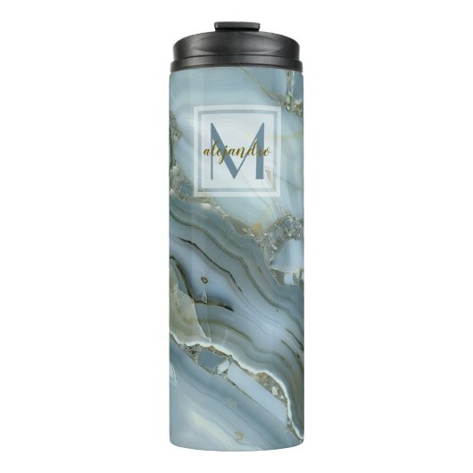 Elegant Blue Marble Natural Stone Pattern Monogram Thermosbeker (Voorkant)