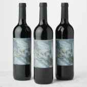 Elegant Blue Marble Natural Stone Pattern Monogram Wijn Etiket (Flessen)