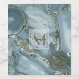Elegant Blue Marble Natural Stone Pattern Monogram Wijn Etiket