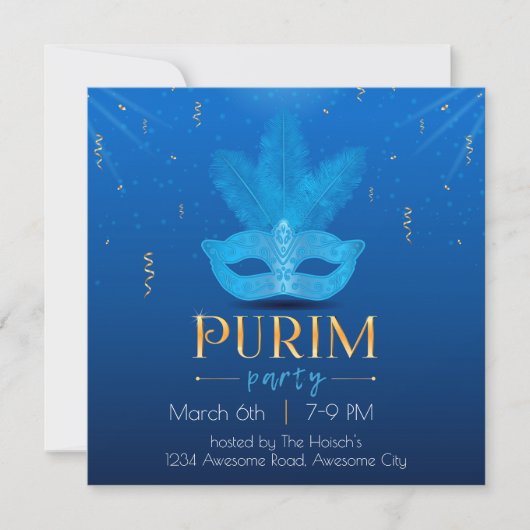 Elegant Blue Mask Purim Invitation Kaart (Voorkant)