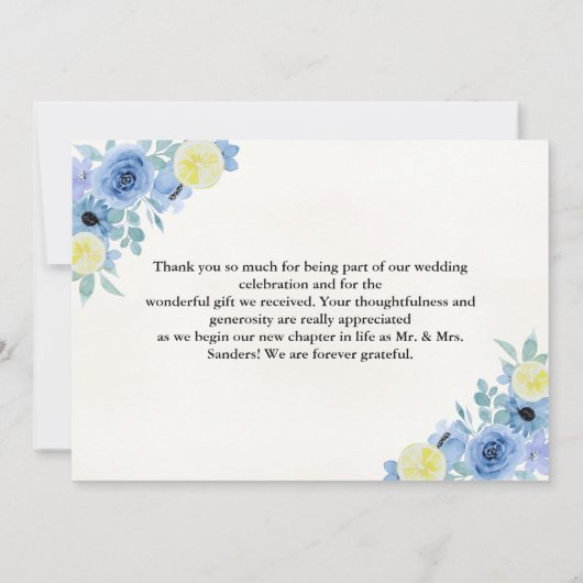 Elegant Blue Mediterranean Lemon Wedding Bedankkaart (Achterkant)