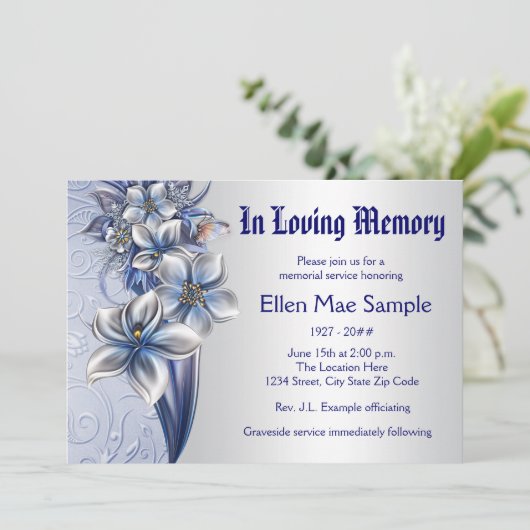 Elegant Blue Memorial Service Aankondigingen (Staand voorkant)