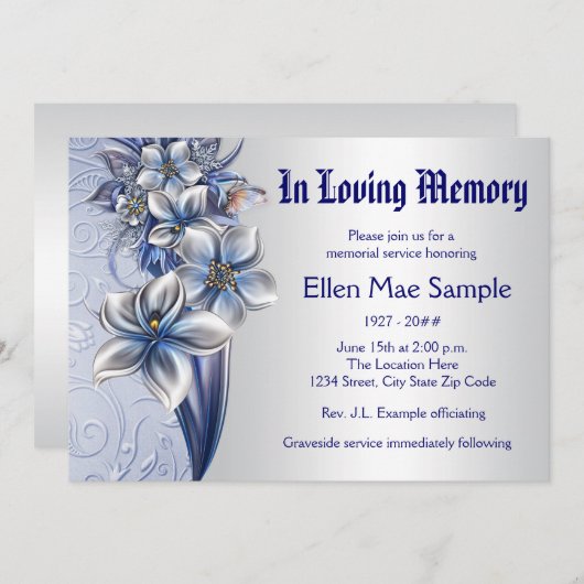 Elegant Blue Memorial Service Aankondigingen (Voorkant / Achterkant)