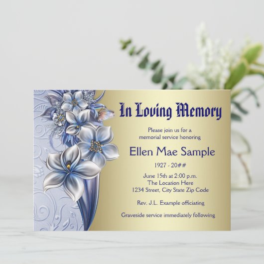 Elegant Blue Memorial Service Aankondigingen (Staand voorkant)