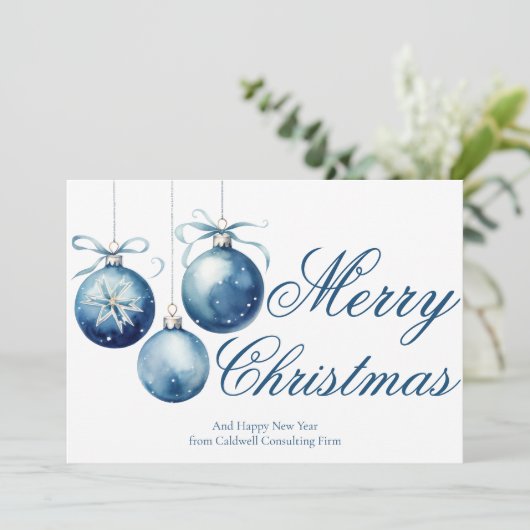 Elegant Blue Merry Christmas Ornamenten Company Feestdagenkaart (Staand voorkant)