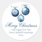 Elegant Blue Merry Christmas Ornamenten Company Ronde Sticker (Voorkant)