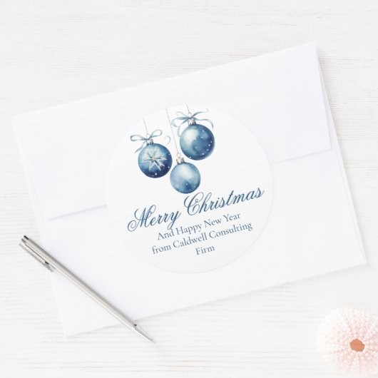 Elegant Blue Merry Christmas Ornamenten Company Ronde Sticker (Envelop)