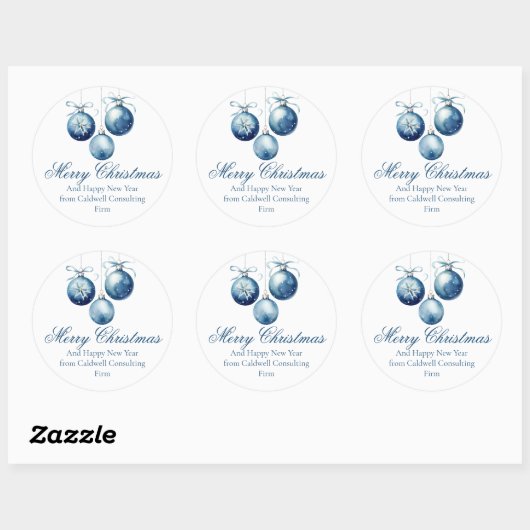 Elegant Blue Merry Christmas Ornamenten Company Ronde Sticker (Vel)