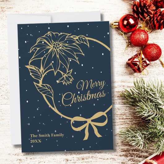 Elegant Blue Merry Christmas Poinsettia Flat Feestdagenkaart