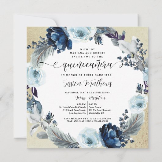 Elegant Blue met Gold Floral Quinceañera Kaart (Voorkant)