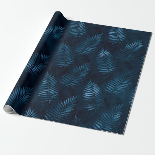 Elegant Blue Metallic Tropische Planten Gift Cadeaupapier (Uitgerold)