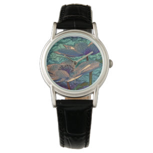 Elegant  Blue Metallied Flowers Art Horloge