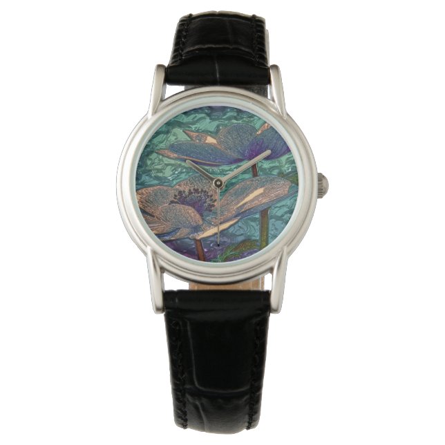 Elegant  Blue Metallied Flowers Art Horloge (Voorkant)