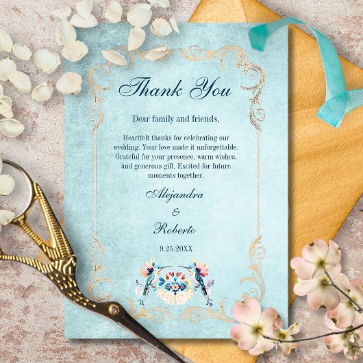 Elegant Blue Mexican Baroque Hummingbird Wedding Bedankkaart