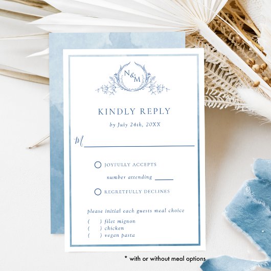 Elegant Blue Monogram en Waterverf Wedding RSVP