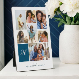 Elegant Blue Monogram Family Photo Collage Grid Fotoplaat