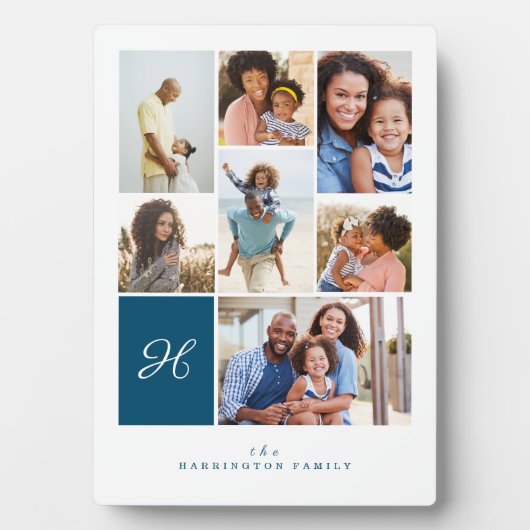Elegant Blue Monogram Family Photo Collage Grid Fotoplaat (voorkant)