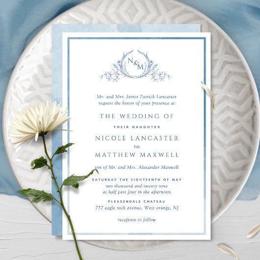 Elegant Blue Monogram Formele Waterverf Weddenscha Kaart