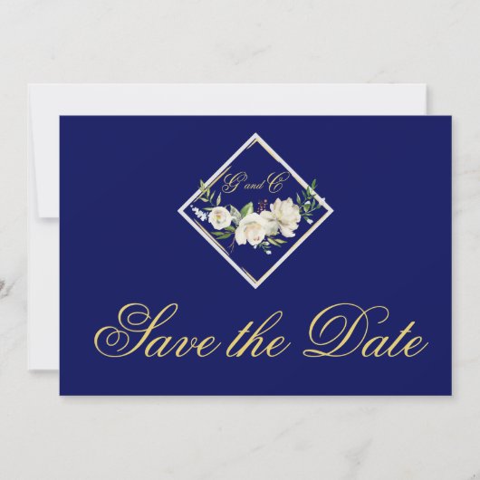Elegant Blue Monogram Gold Save the Date (Voorkant)