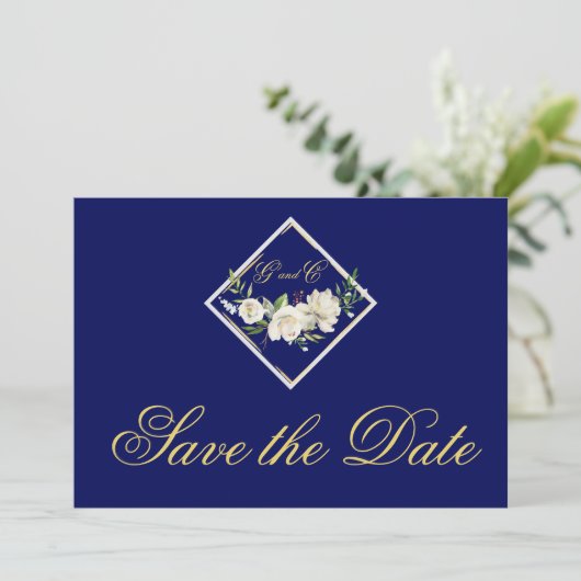 Elegant Blue Monogram Gold Save the Date (Staand voorkant)