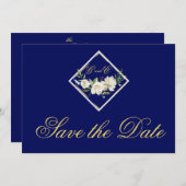 Elegant Blue Monogram Gold Save the Date (Voorkant / Achterkant)