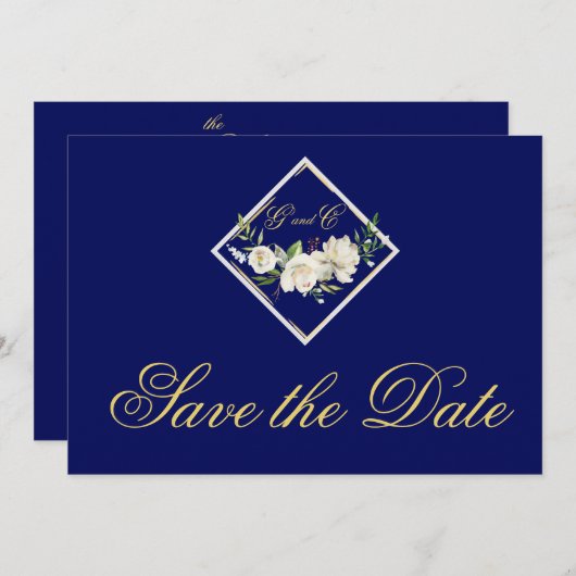 Elegant Blue Monogram Gold Save the Date (Voorkant / Achterkant)